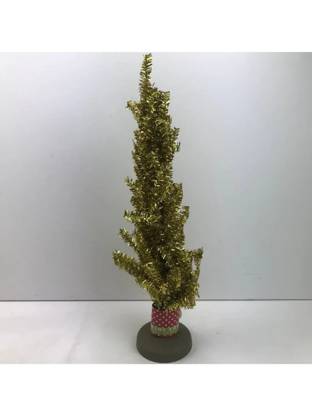 Set Of 2 Gold Tinsel Mini Christmas Trees With Polka Dot Base - 18 Inches